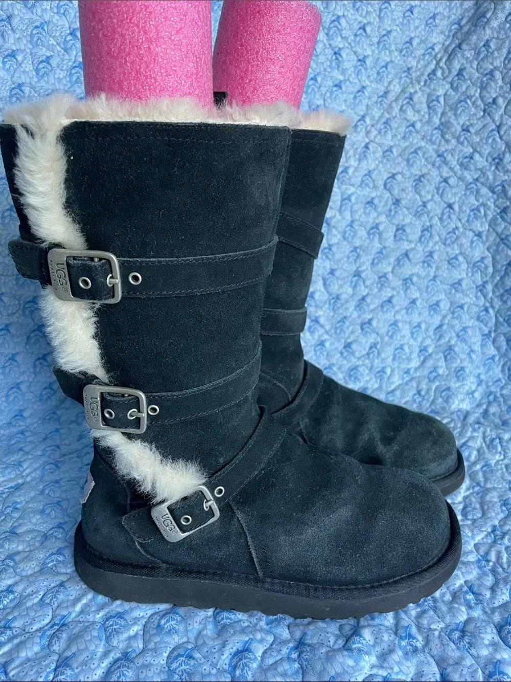 UGG Black Suede Shearling-Trim Buckle Mid-Calf Boots
